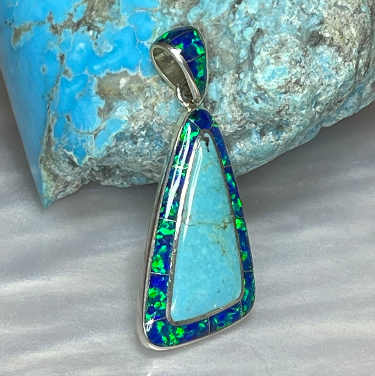 Turquoise and Lab Opal Inlay Pendants