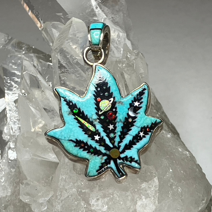 Galactic Cannabis Leaf on Turquoise Background Pendant