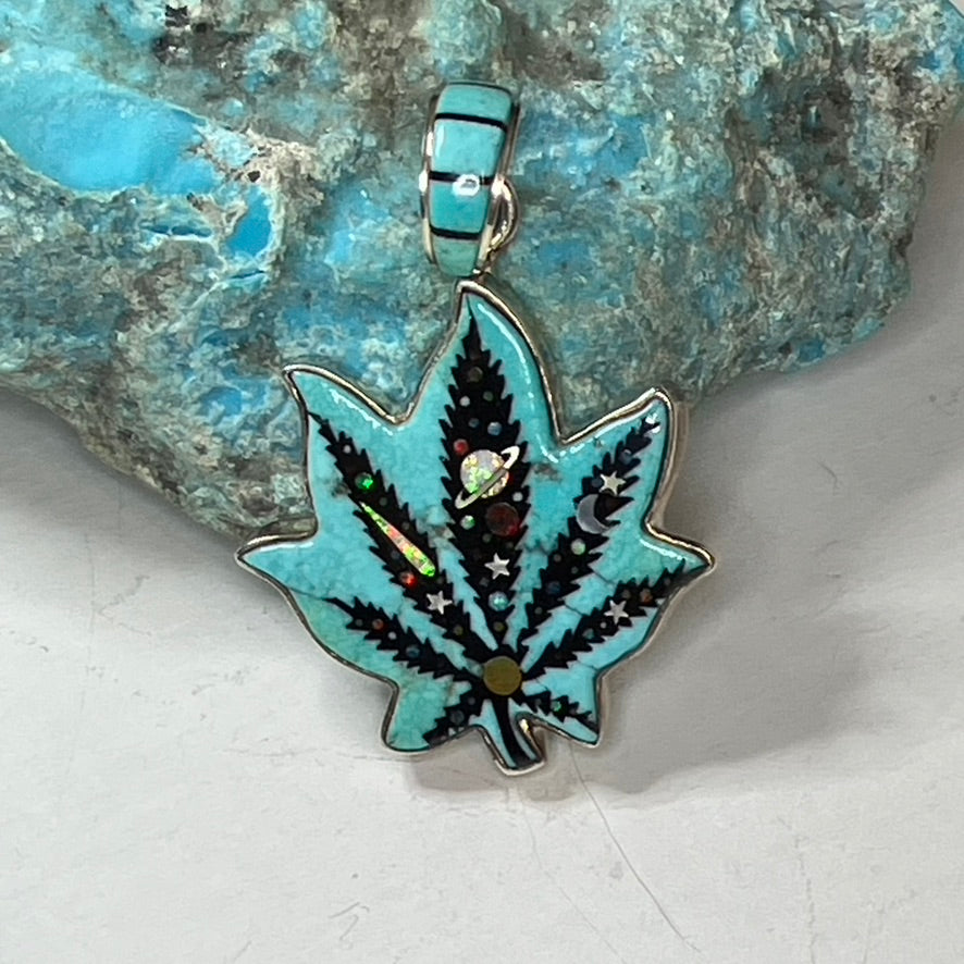 Galactic Cannabis Leaf on Turquoise Background Pendant