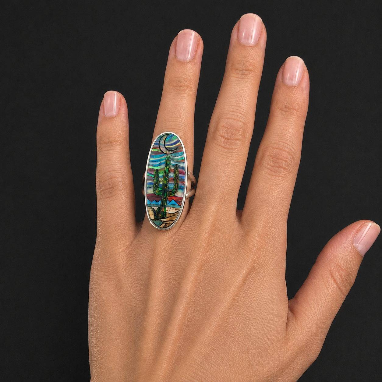 Handcrafted Sterling Silver Cactus Desert Moon Opal Inlay Ring