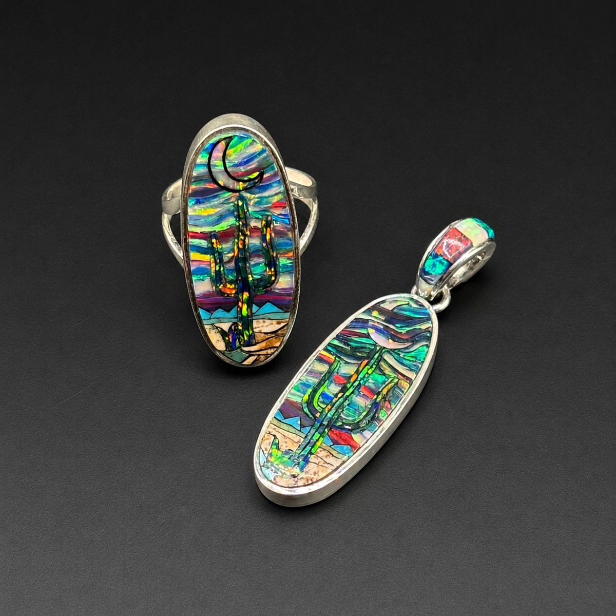 Handcrafted Sterling Silver Cactus Desert Moon Opal Inlay Ring