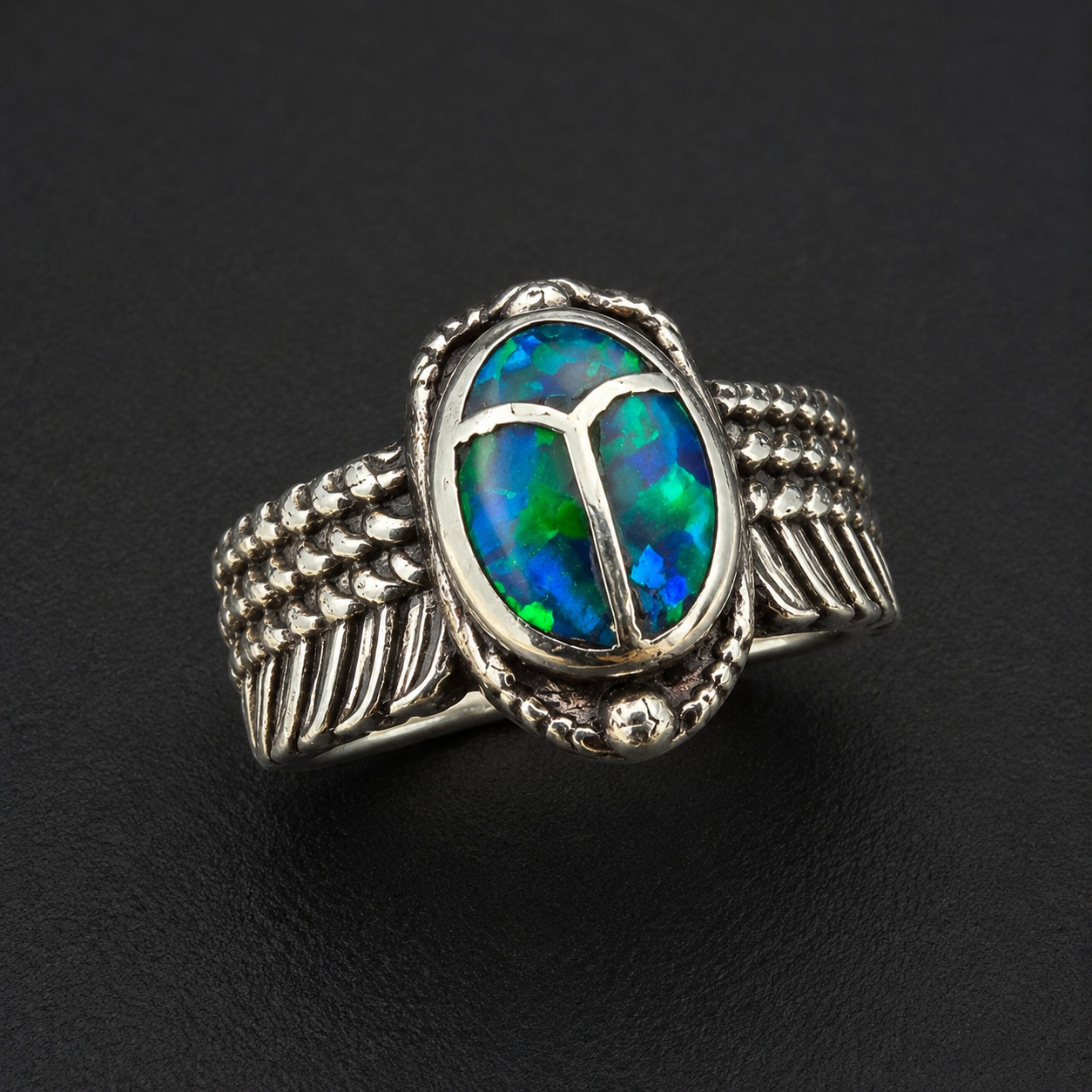 Handcrafted Sterling Silver Scarab Ring With Colorful Inlay