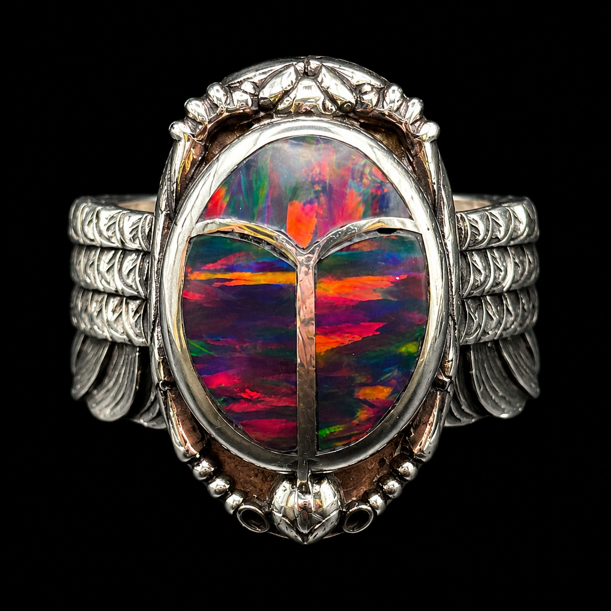 Handcrafted Sterling Silver Large Scarab Ring With Colorful Inlay