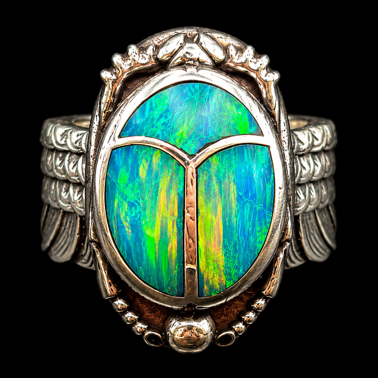 Handcrafted Sterling Silver Large Scarab Ring With Colorful Inlay