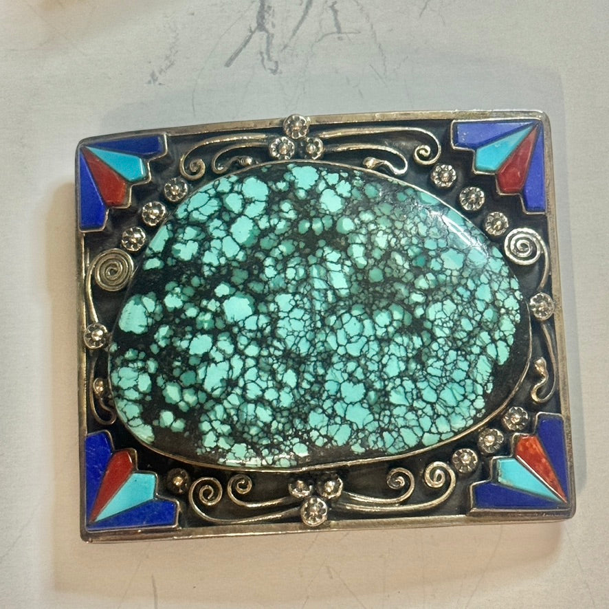 Hubei Spiderweb Turquoise Sterling Silver Inlay Buckle