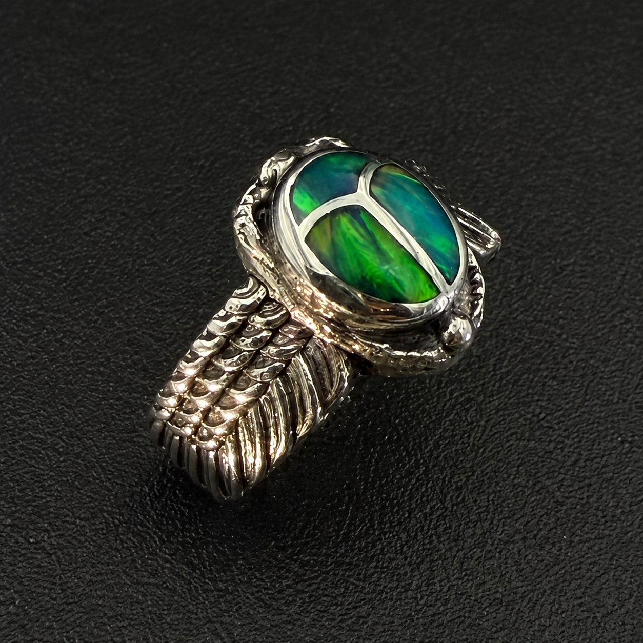 Handcrafted Sterling Silver Scarab Ring With Colorful Inlay