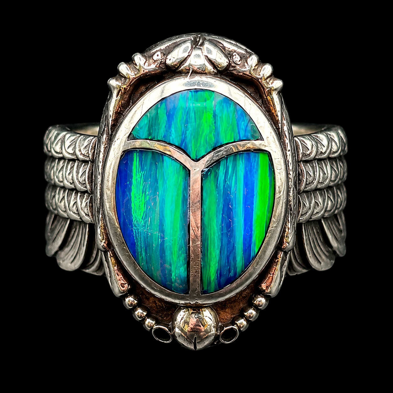 Handcrafted Sterling Silver Large Scarab Ring With Colorful Inlay