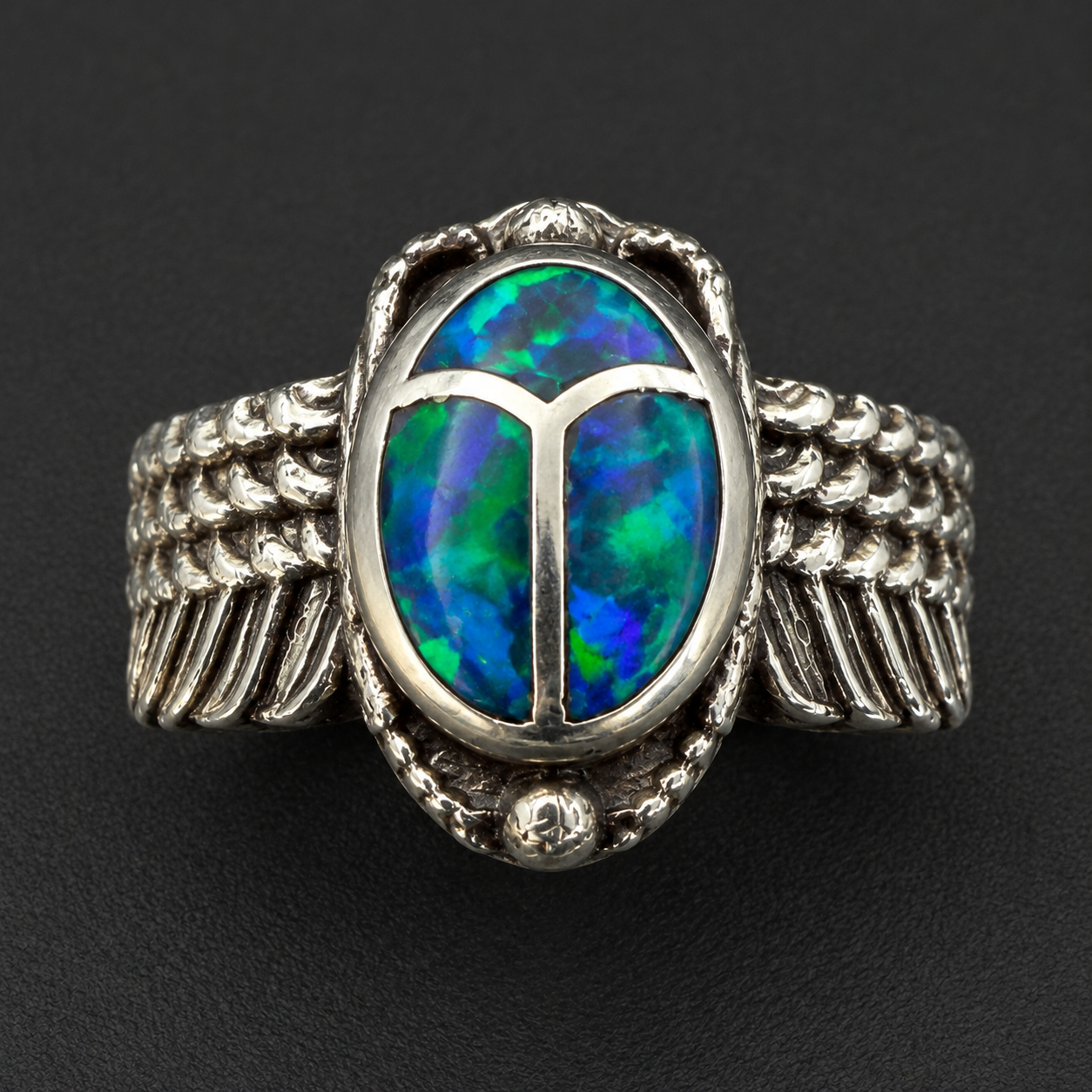 Handcrafted Sterling Silver Scarab Ring With Colorful Inlay