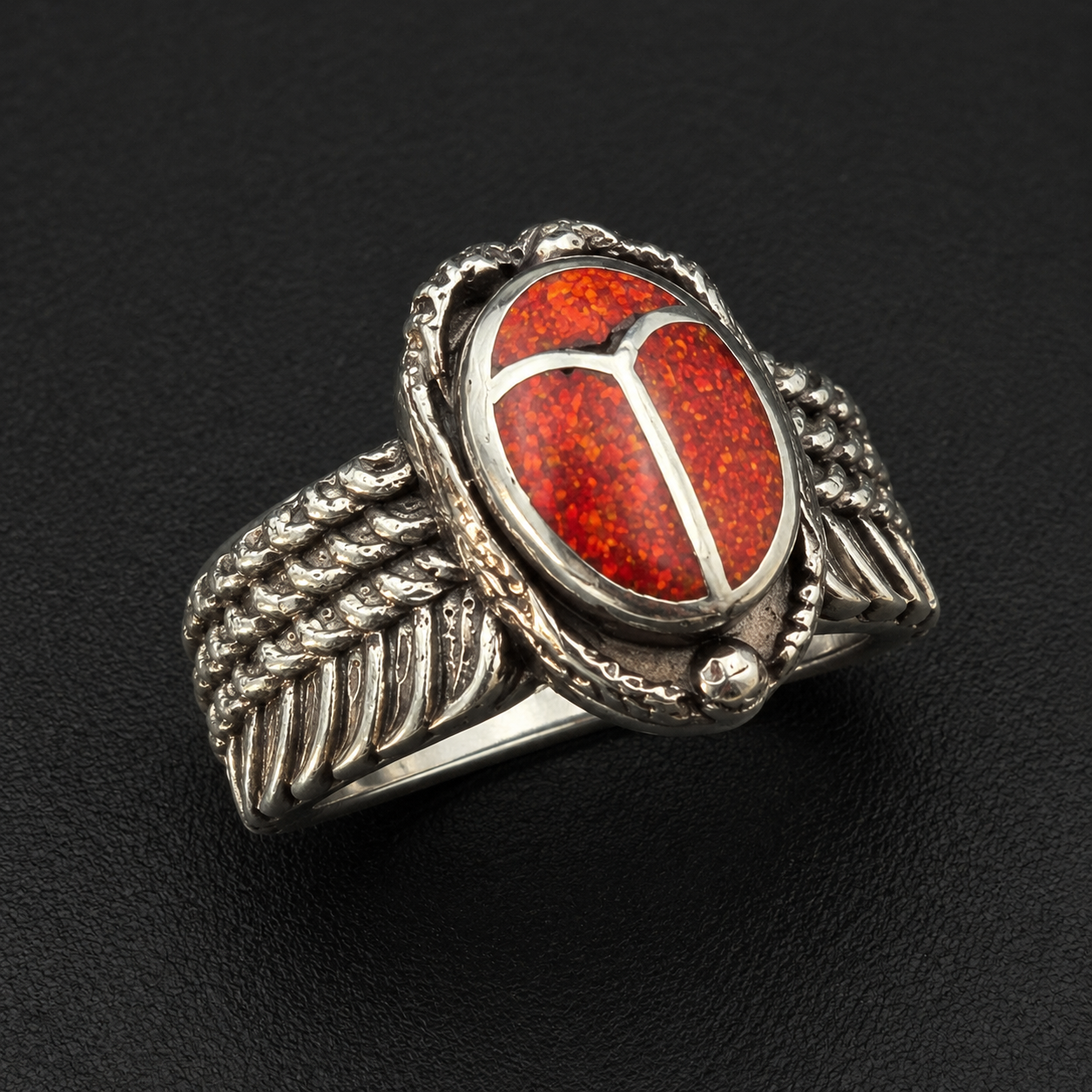 Handcrafted Sterling Silver Scarab Ring With Colorful Inlay