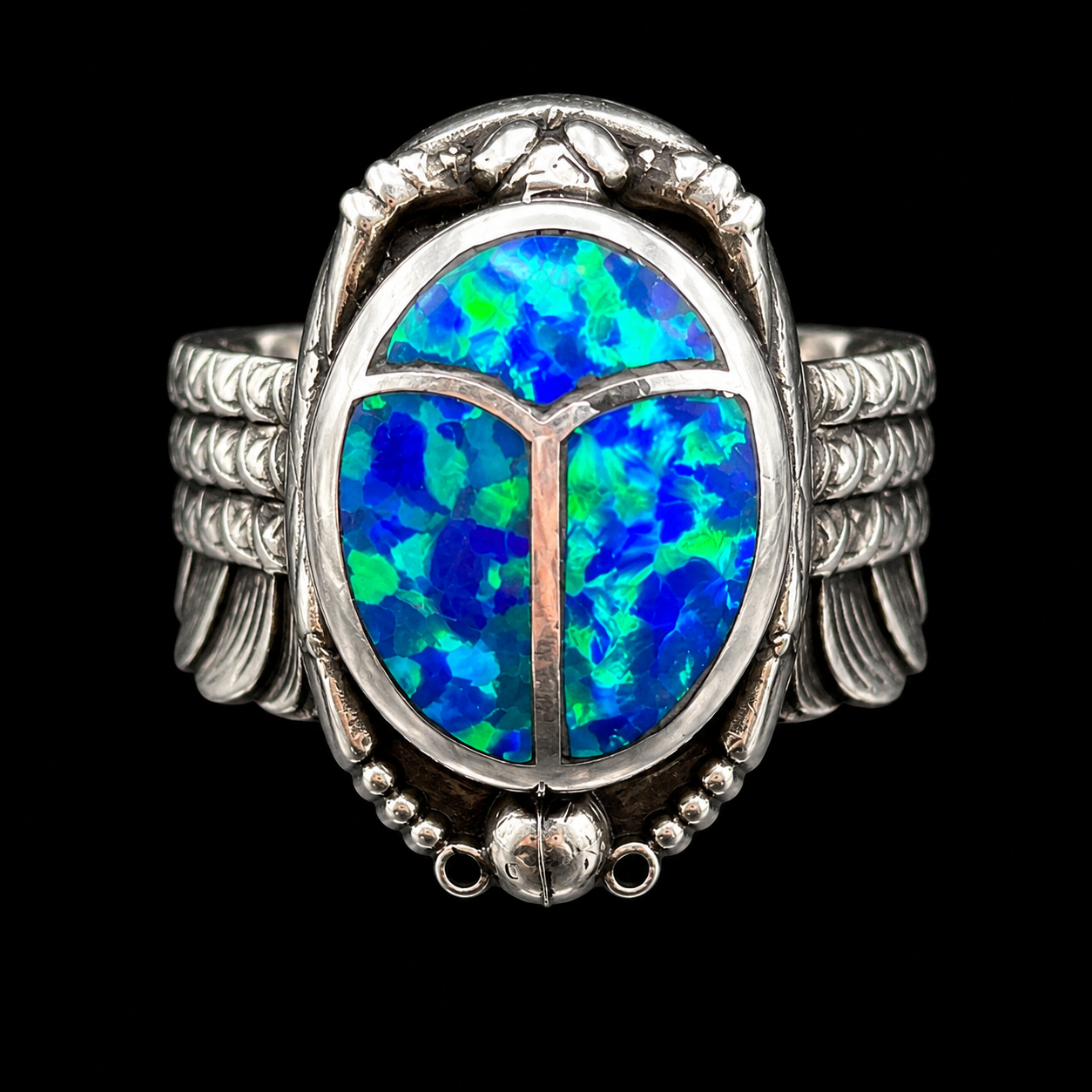 Handcrafted Sterling Silver Large Scarab Ring With Colorful Inlay