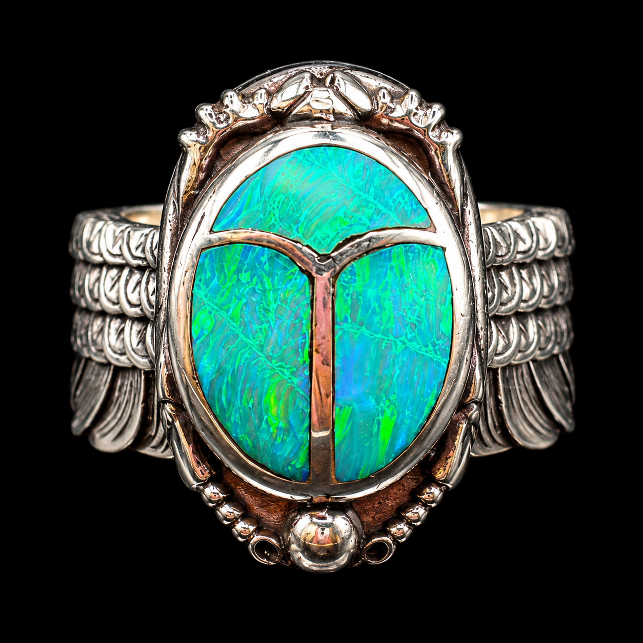 Handcrafted Sterling Silver Large Scarab Ring With Colorful Inlay