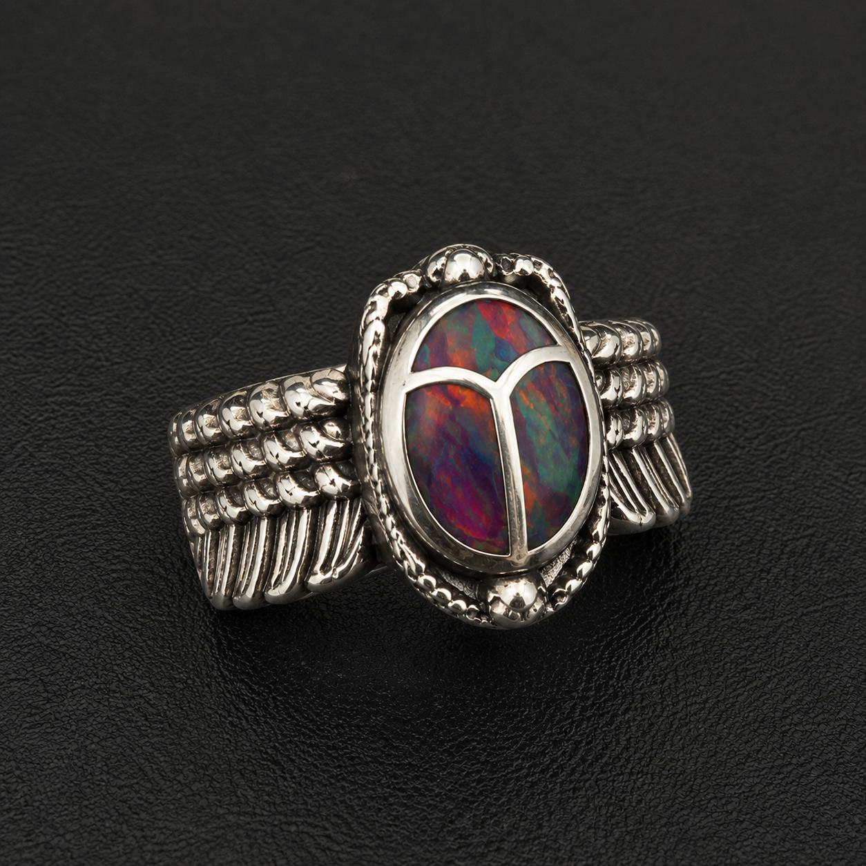 Handcrafted Sterling Silver Scarab Ring With Colorful Inlay