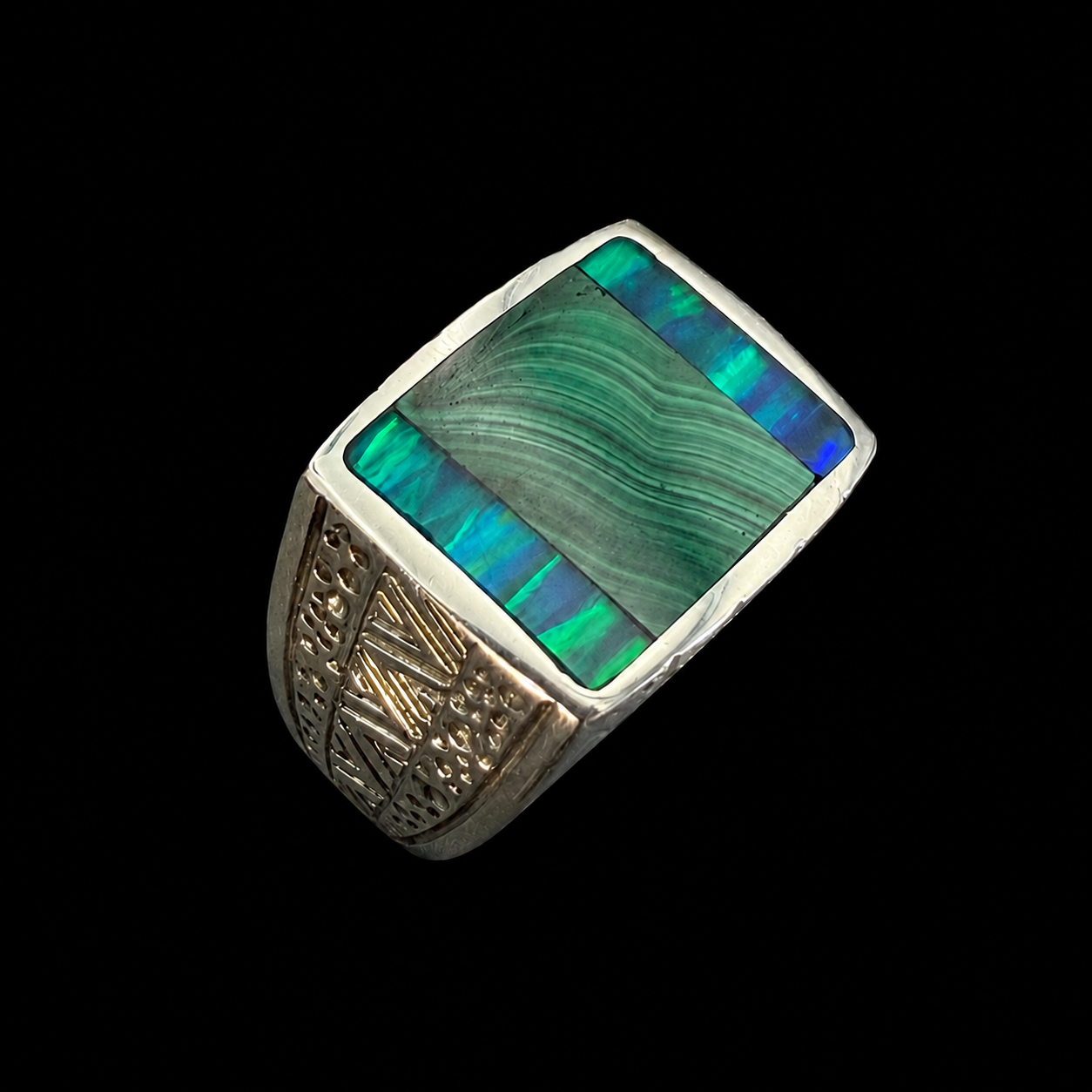 Engraved Geometric Inlay Signet Ring