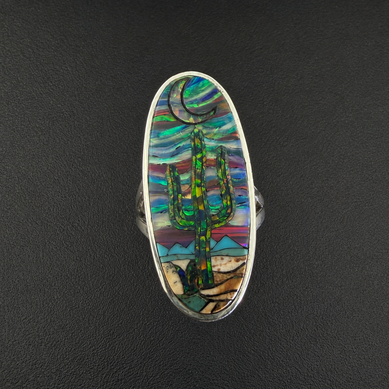 Handcrafted Sterling Silver Cactus Desert Moon Opal Inlay Ring