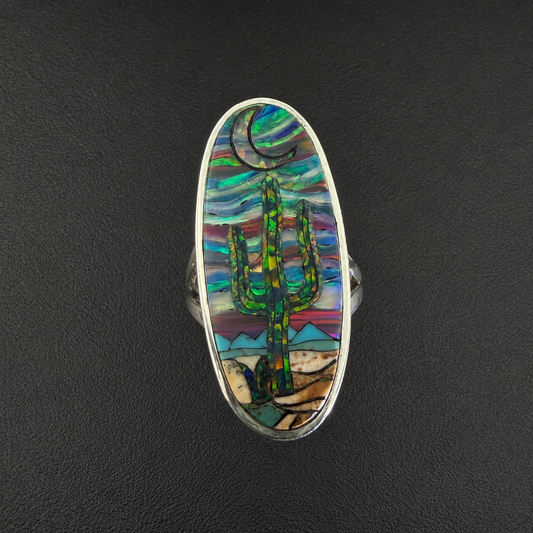 Handcrafted Sterling Silver Cactus Desert Moon Opal Inlay Ring
