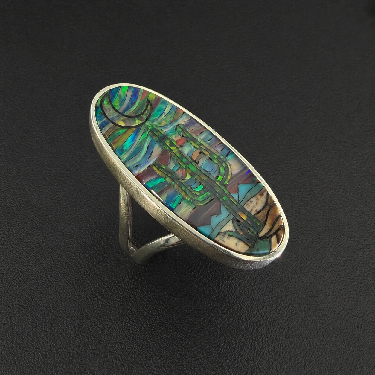 Handcrafted Sterling Silver Cactus Desert Moon Opal Inlay Ring